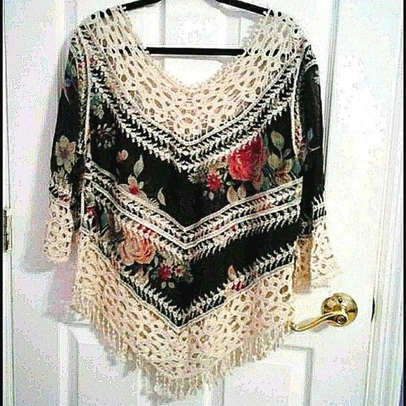 Lapis Boho Black Intricate Lace Floral Flowy Boxy Semi Sheer Overlay Top - Picture 2 of 7